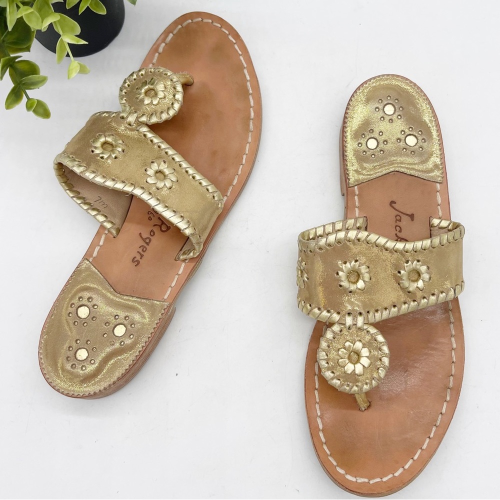 JACK ROGERS Jacks Flat Gold Leather Whipstitch Thong Sandals - Picture 1 of 11